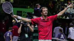 Russia's Daniil Medvedev celebrates his team victory after defeating Germany's Jan-Lennard Struff du