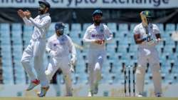 Indian team celebrating the win in the first Test against South Africa. 