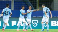 Mumbai City FC team celebrating a goal during the match against ATK Mohun Bagan