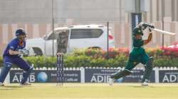 Pakistan's Ahmad Khan playing a shot against India in the ACC U19 Asia Cup 2021 group stage match