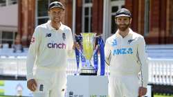 England captain Joe Root and New Zealand captain Kane Williamson pose with series trophy in Lords.