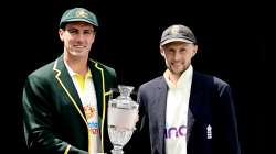 Australian Captain Pat Cummins (left) and England Captain Joe Root pose for a photo during the Austr