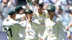 Scott Boland of Australia celebrates with teammates after dismissing Jonny Bairstow of England 