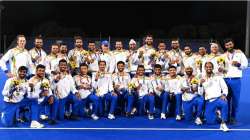 Indian men's hockey team celebrating after winning the bronze medal at Tokyo 2020