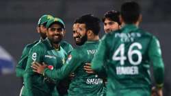 Pakistan players celebrate after the dismissal of West Indies' Brandon King (not pictured) PAK vs WI