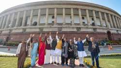 Suspended Rajya Sabha MPs during a protest demanding for revocation of their suspension at Parliament in New Delhi.