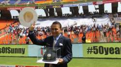 Sunil Gavaskar gestures during the India-England fourth Test in Ahmedabad