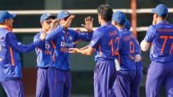 India U19 bowlers celebrating after taking a wicket during the ongoing ACC U19 Asia Cup in the UAE