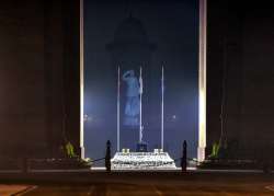 A hologram statue of Netaji Subhas Chandra Bose at India Gate, unveiled by Prime Minister Narendra Modi (unseen) on Parakram Diwas, in New Delhi.