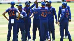 Indian players celebrating after taking a wicket during the third and the final ODI against SA