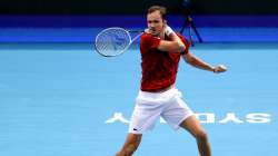 Russia's Daniil Medvedev hits a forehand in his group B match against Australia's Alex de Minaur dur