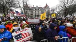 People gather at a New York rally.