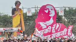 Priyanka Gandhi Vadra's cut-out at an election rally in UP's Moradabad on Dec. 2, 2021.