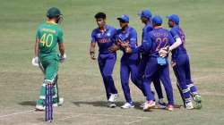 India Under-19 players celebrate after winning against South Africa by 45 runs at Providence Stadium