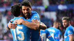 Atletico Madrid's Luis Suarez celebrates after scoring his side's second goal of La Liga game agains