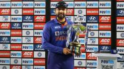 India skipper Rohit Sharma posing at the camera with the trophy after winning the series 3-0 