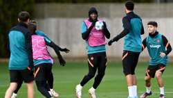 Chelsea's Romelu Lukaku and Christian Pulisic during a training session at Chelsea Training Ground i