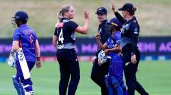 New Zealand players congratulate each other after beating India in a one-off T20I at John Davies Ova