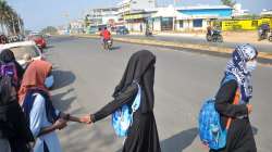 Students wearing hijab who were denied entry, outside IDSG Government College in Chikmagalur.