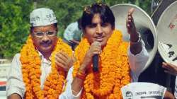 AAP leader and poet Kumar Vishwas together during a roadshow in Delhi. 