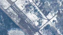 This Feb. 15, 2022 satellite image provided by Maxar Technologies shows an area where troops and equipment departed from Zyabrovka airfield in Belarus.