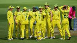 Australia women celebrate after taking a wicket during AUS W vs WI W game in ICC Women's World Cup