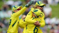 Australia women celebrate after taking a wicket against New Zealand women in ICC Women's World Cup 