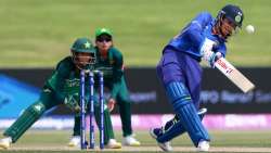 Indian opener Smriti Mandhana plays a shot against Pakistan during a 2022 ICC Women's World Cup match at Bay Oval on Sunday Tauranga, New Zealand.