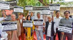 Members of Global Kashmiri Pandit Diaspora (GKPD) hold a protest demanding justice for the victims of exodus of Kashmiri Hindus, at Jantar Mantar in New Delhi, Saturday, March 12, 2022.?