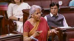 Union Finance Minister Nirmala Sitharaman speaks in the Rajya Sabha during the second part of Budget Session of Parliament in New Delhi