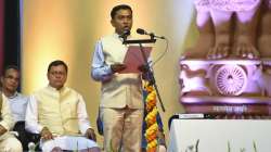 Pramod Sawant being sworn in as Goas CM for a second straight term, in Panaji, Monday, March 28, 2022.