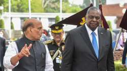 Defence Minister Rajnath Singh and US Secretary of Defence Lloyd Austin at Vigyan Bhawan in New Delhi on March 20, 2021