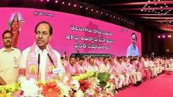 Telangana Chief Minister K. Chandrashekar Rao addresses the plenary session of Telangana Rashtra Samithi (TRS) on the occasion of its 21st foundation day, in Hyderabad