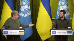 UN Secretary-General Antonio Guterres and Ukrainian President Volodymyr Zelensky attend a news conference after their meeting in Kyiv, Ukraine, Thursday, April 28, 2022.