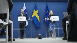 President of Finland Sauli Niinisto, left, and Swedish Prime Minister Magdalena Andersson attend a joint news conference in Stockholm, Tuesday, May 17, 2022.