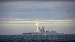 A new Zircon hypersonic cruise missile is launched by the frigate Admiral Gorshkov of the Russian navy from the Barents Sea.