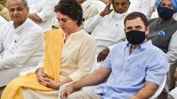 Congress leaders Rahul Gandhi, Priyanka Gandhi and other senior party leaders during a meeting at AICC office, after the former was summoned for questioning in the National Herald case