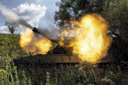 Ukrainian self-propelled artillery shoots towards Russian forces at a frontline in Kharkiv region, Ukraine