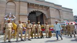 Security personnel keep vigil during the Friday prayers, outside Gyanvapi Masjid in Varanasi.