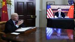 President Joe Biden meets virtually with Chinese President Xi Jinping from the Roosevelt Room of the White House in Washington, on Nov. 15, 2021. 