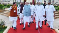 Prime Minister Narendra Modi with Bihar Governor Phagu Chauhan, Bihar Chief Minister Nitish Kumar, Bihar Assembly Speaker Vijay Kumar Sinha and other dignitaries near the newly unveiled commemorative pillar, during the closing ceremony of the centenary celebrations of the Bihar Legislative Assembly.