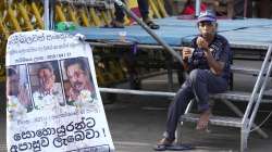 A protester drinks a cup of tea as she sits by a defaced poster carrying portraits of ousted president Gotabaya Rajapaksa, center, and his brothers at the entrance to presidents office in Colombo, Sri Lanka. 