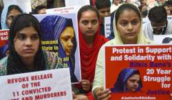 People protest against the convicts in Bilkis Bano case