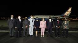 In this photo released by the Taiwan Ministry of Foreign Affairs, U.S. House Speaker Nancy Pelosi, center pose for photos after she arrives in Taipei, Taiwan, Tuesday, Aug. 2, 2022.