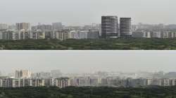 Images depicting the before-after of the demolition of Supertechs twin towers in Noida, Sunday. Over 3,700 kg explosives were used to bring down the structures in pursuance of a Supreme Court order that found their construction within the Emerald Court society premises in violation of law.