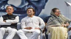 Congress President Sonia Gandhi with party leaders Ghulam Nabi Azad and Rahul Gandhi at Rajghat to commemorate the 150th birth anniversary of Mahatma Gandhi. (File photo)