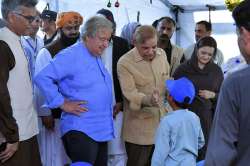 The UN chief was accompanied by Pakistan’s Foreign Minister Bilawal Bhutto Zardari to flood-relief camps in Larkana in Sindh province.