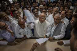 Senior Congress leader Mallikarjun Kharge files his nomination papers for the post of party president at AICC headquarters in New Delhi.