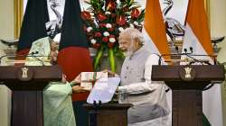 Prime Minister Narendra Modi with his Bangladeshi counterpart Sheikh Hasina during the release of a joint statement after their meeting, at Hyderabad House in New Delhi. 