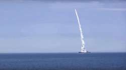 A Russian warship launches a cruise missile at a target in Ukraine.